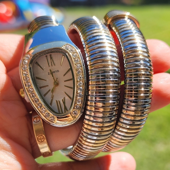 Gold and Silver Coiled Watch with Crystal Accents - Picture 5 of 5